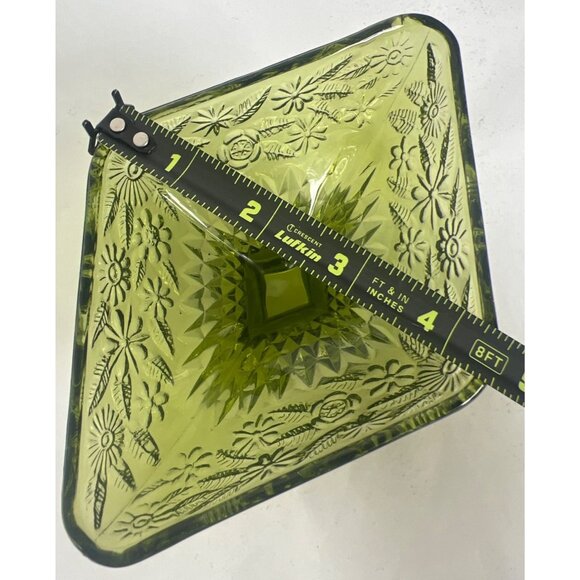 Vtg Indiana Avocado Green Glass Diamond Pedestal Dish Floral Embossed Design - Picture 6 of 7